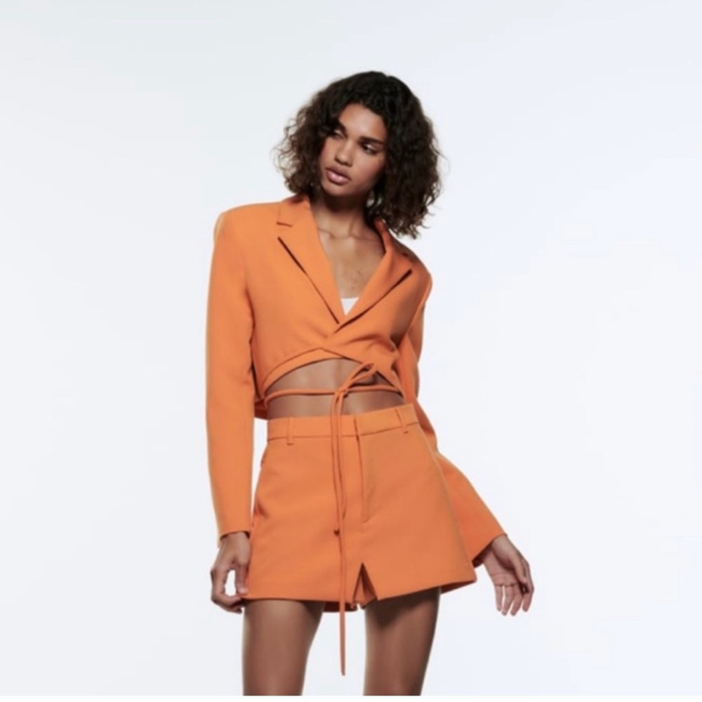 Brand new! ZARA tangerine cropped tie blazer with button sleeves